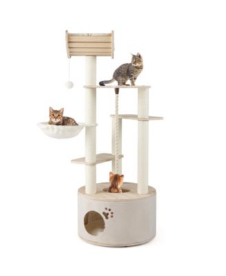 HONGGE 55 Inch Wooden Cat Tree with Arched Perch Condo Cozy Basket and Hammock