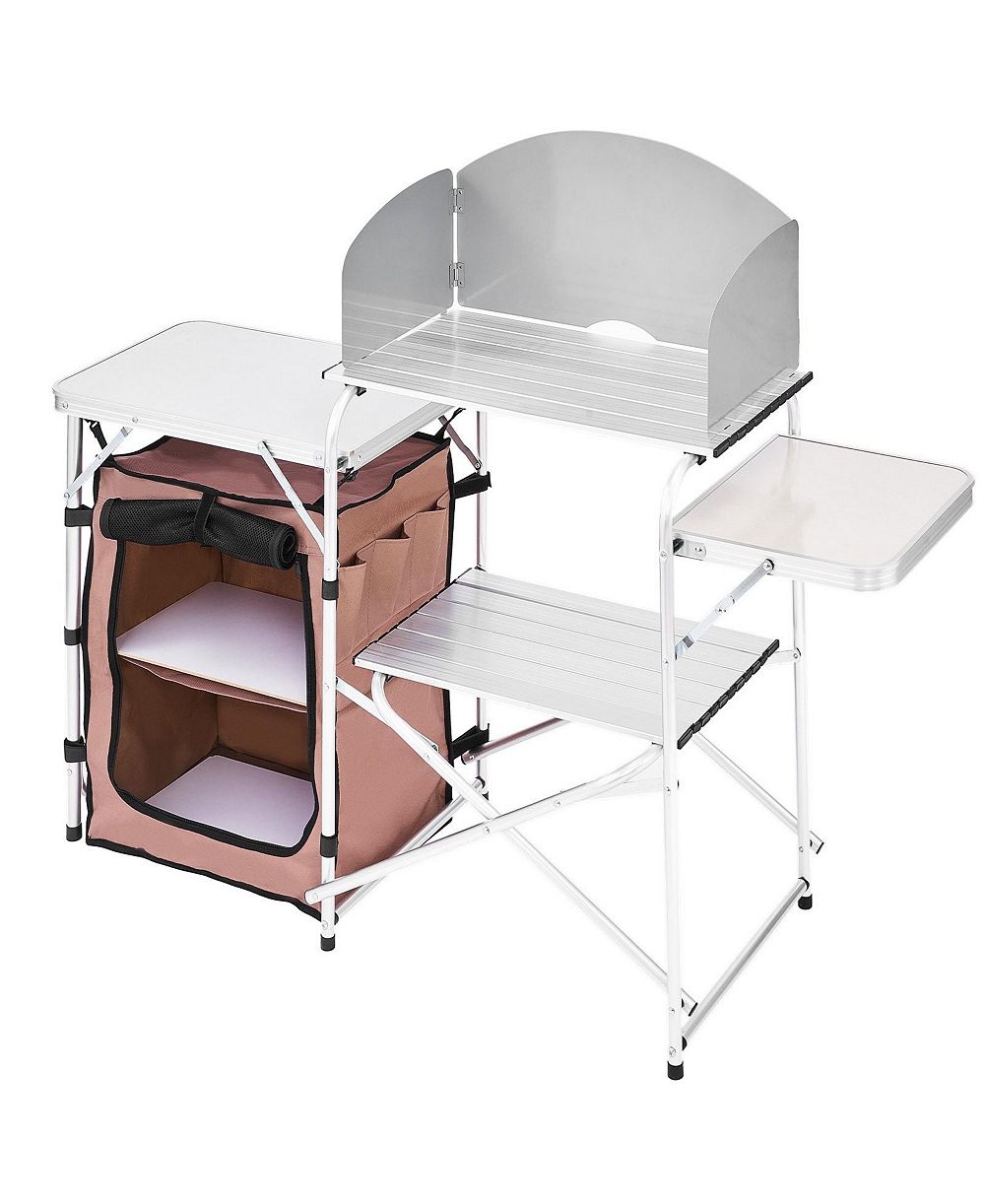 SEVORLEY Portable 2-Tier Outdoor Camp Kitchen Table with Windshield and Carry Bag