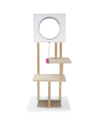 HONGGE 40 Inch Wood Cat Tower with 2-Door Condo Corrugated Cardboard Scratchers and Fleece Perches