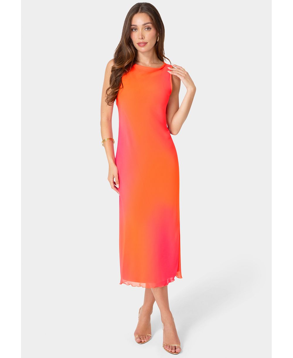 Bebe Женское платье Maxi Chiffon Gradient-Pattern Racer Neck для гостей на свадьбу