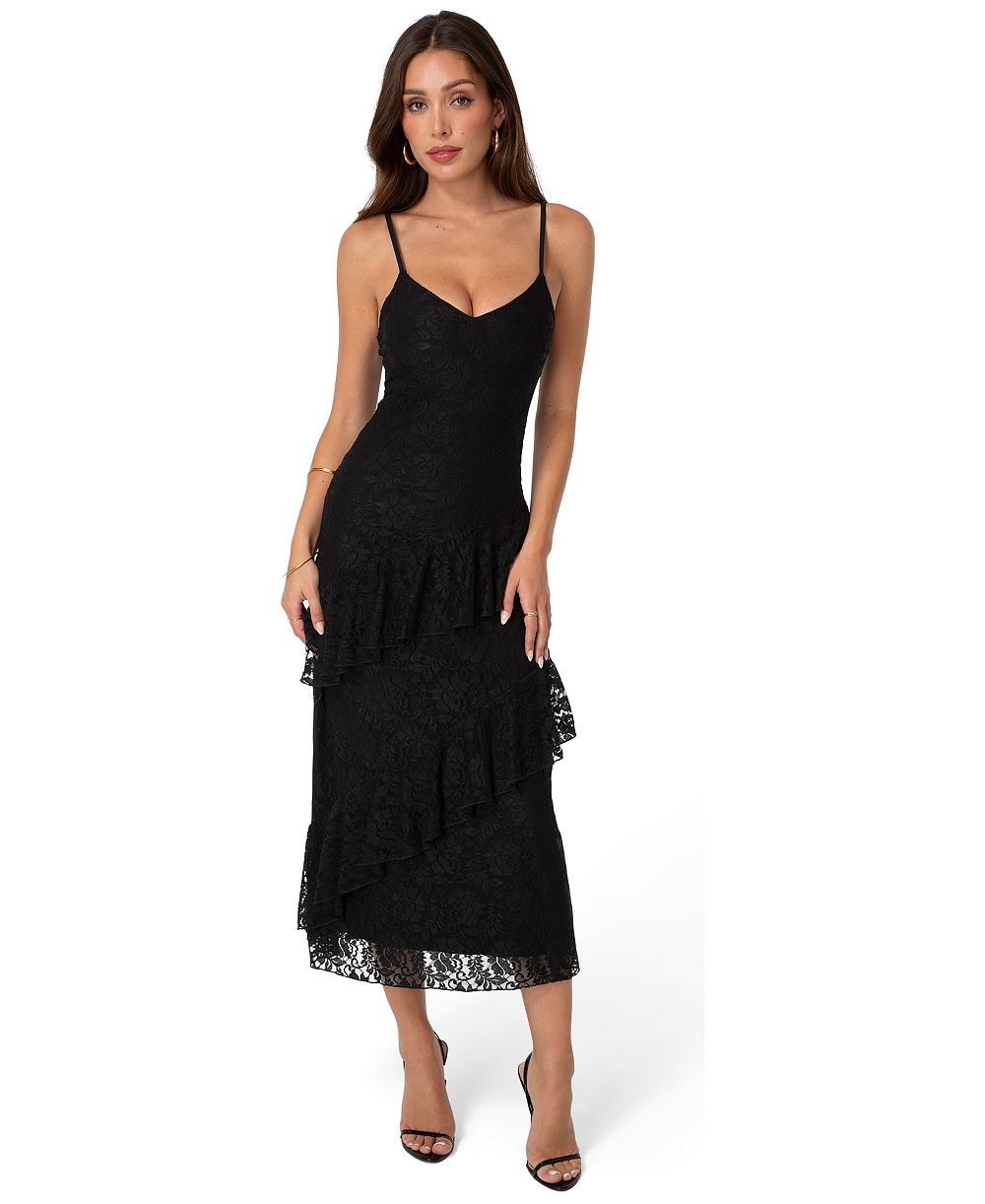 Bebe Womens Lace Ruffle Maxi Dress