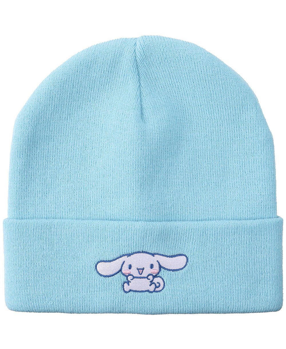 Женская шапка-бини Cinnamoroll синего цвета с вышитым персонажем и рифленой вязкой на манжете
