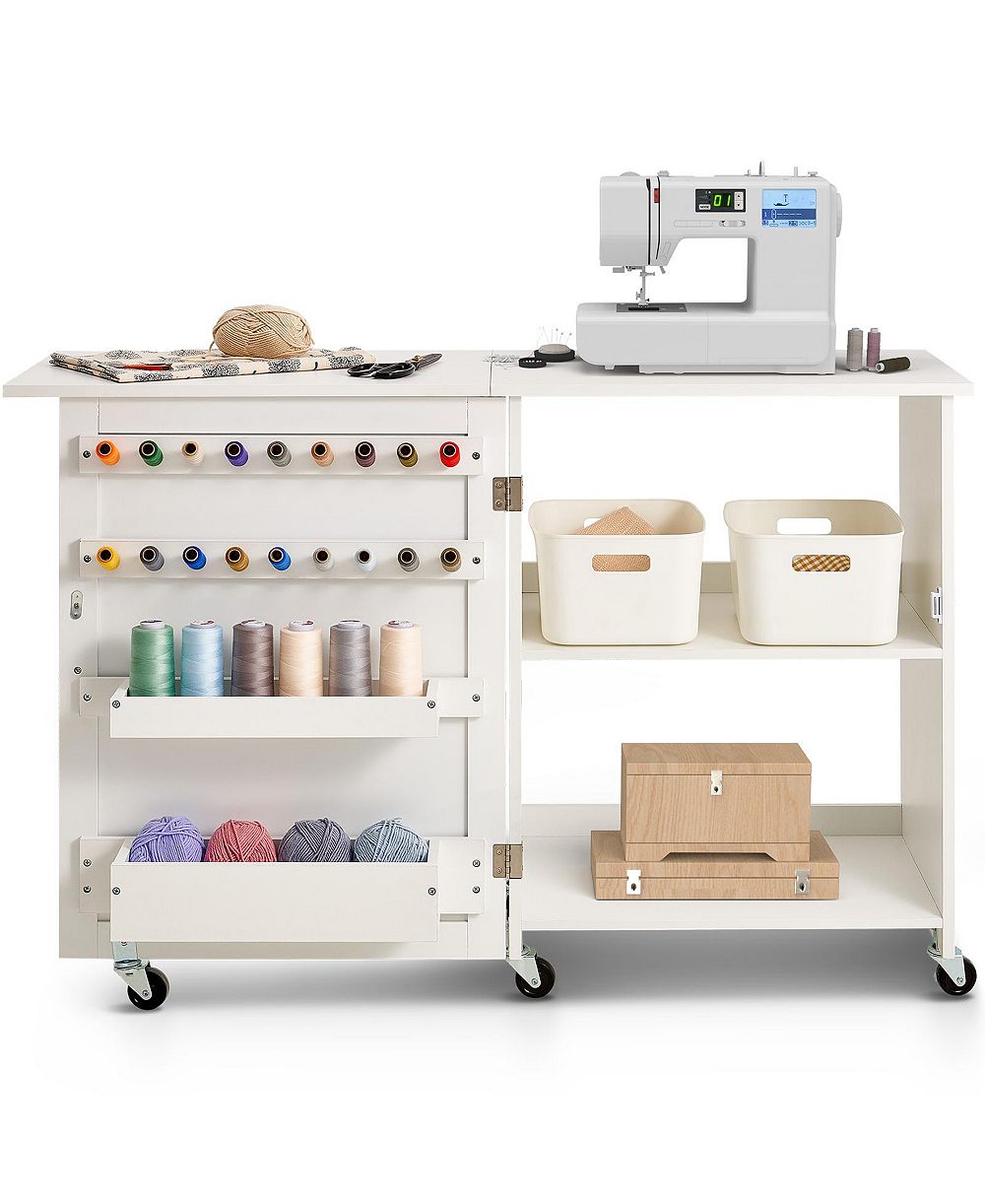 SEVORLEY Folding Sewing Machine Table with Storage Shelves, Wheels and Magnetic Doors