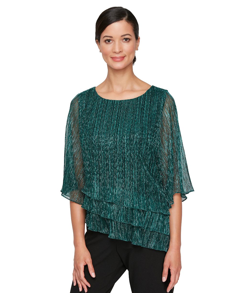 Alex Evenings Women's Metallic Asymmetric Triple-Tier 3/4-Sleeve Blouse