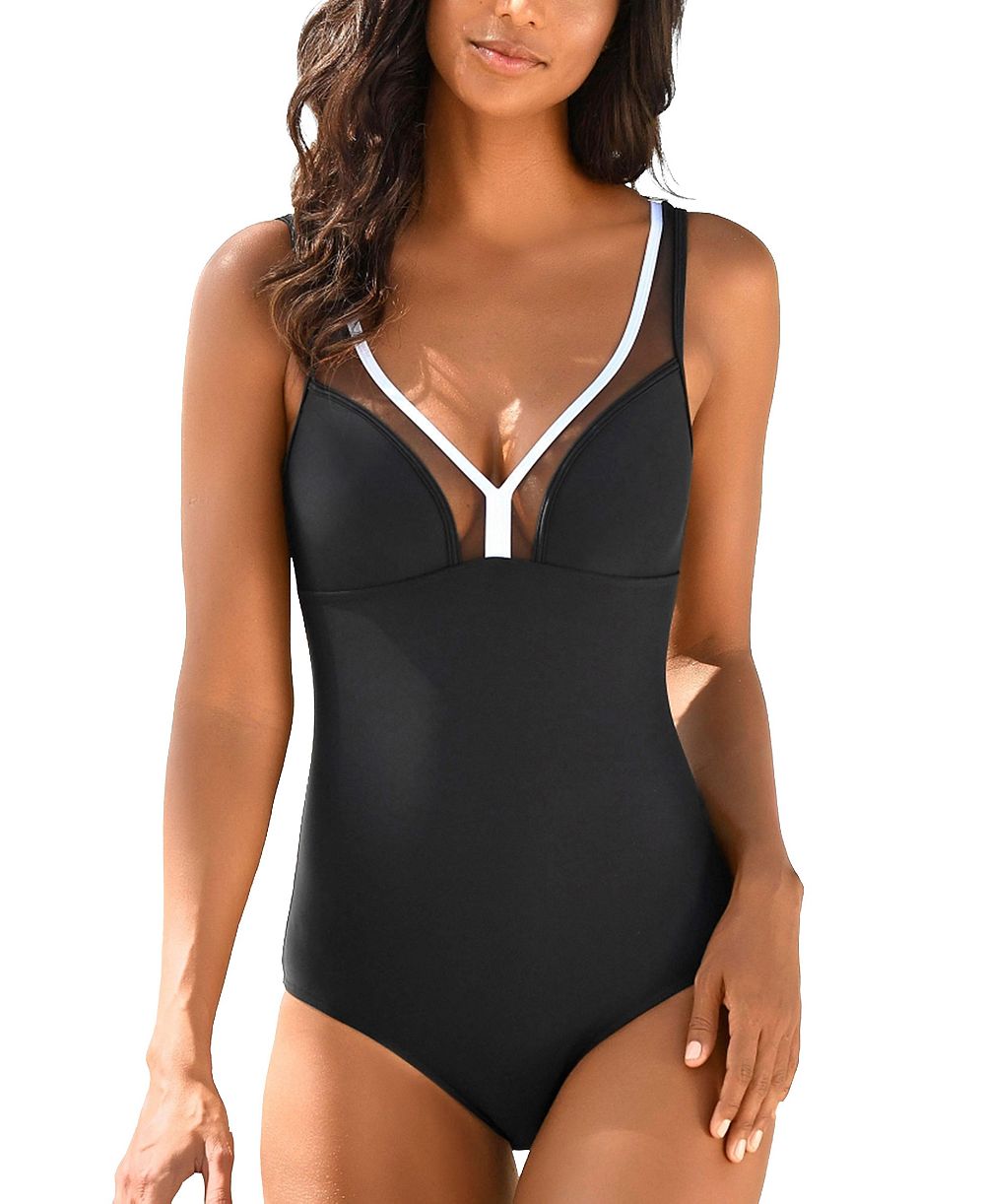 LASCANA Women's Mesh Trim Tummy Control One-Piece Underwire One-Piece Swimsuit