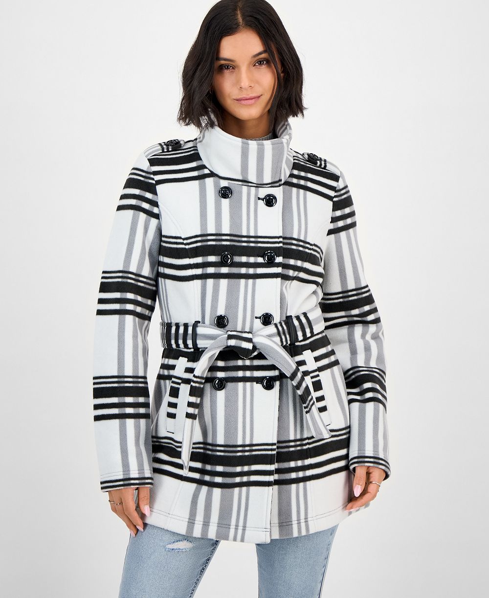 BCX Women's Plaid Double-Breasted Belted Jacket