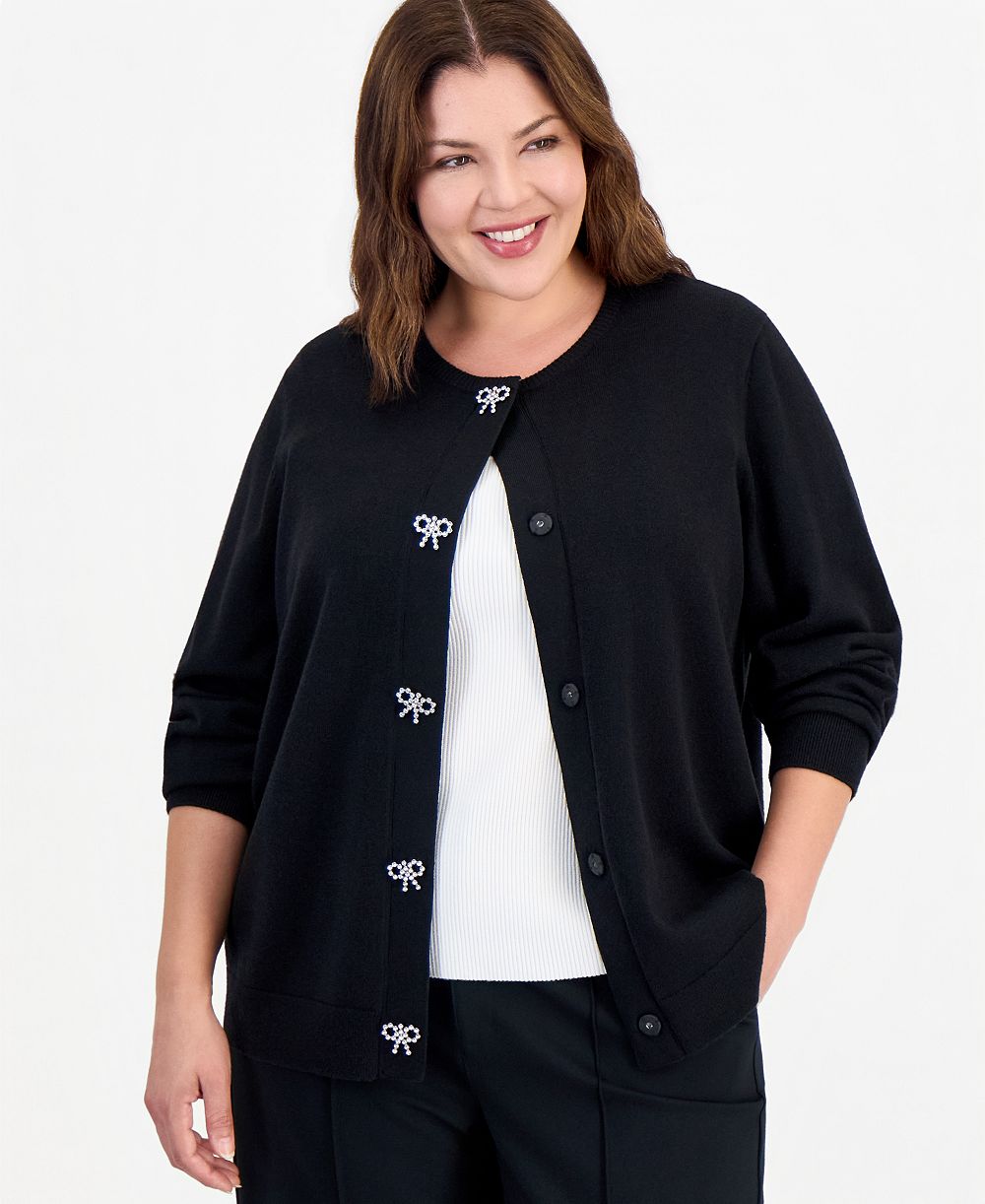 Anne Klein Essentials кардиган с длинным рукавом и круглым вырезом, украшенный, больших размеров