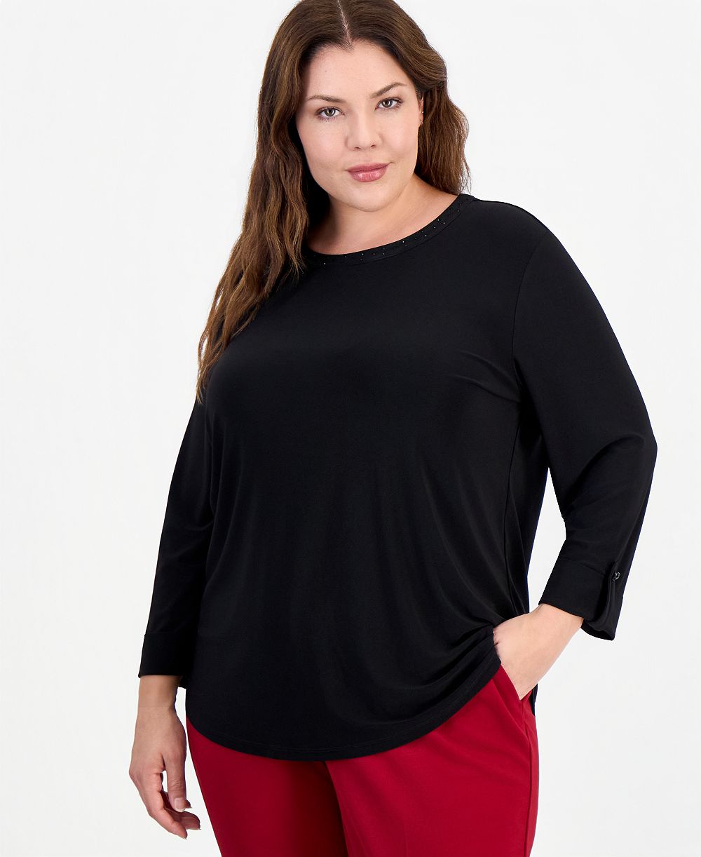 Anne Klein Essentials топ с вырезом-лодочкой и манжетами-рулетками, размер Plus, рукав 3/4