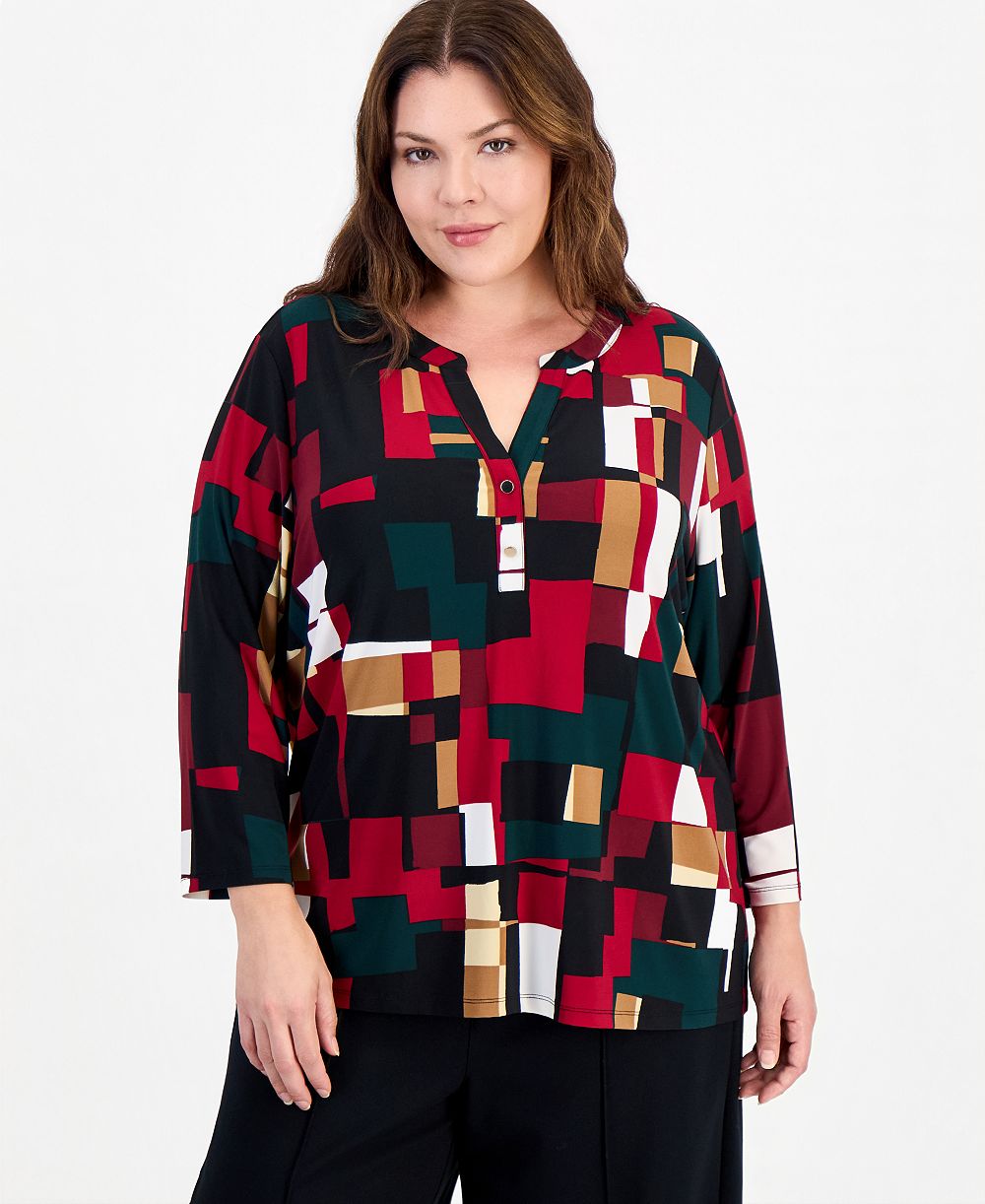 Anne Klein Essentials Plus Size Henley 3/4-Sleeve Top