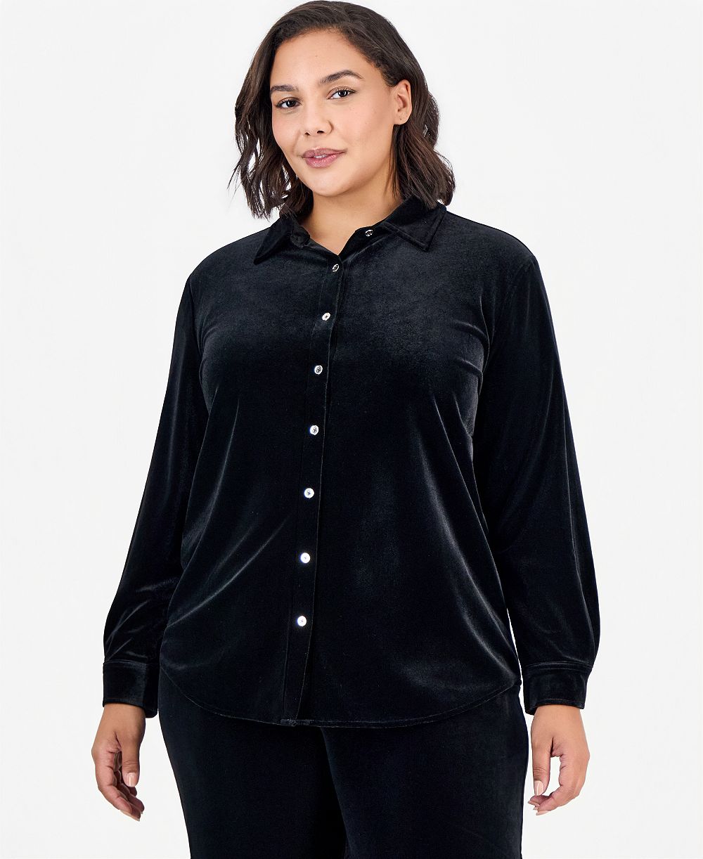 Anne Klein Essentials Plus Size Long-Sleeve Velvet Button-Front Top