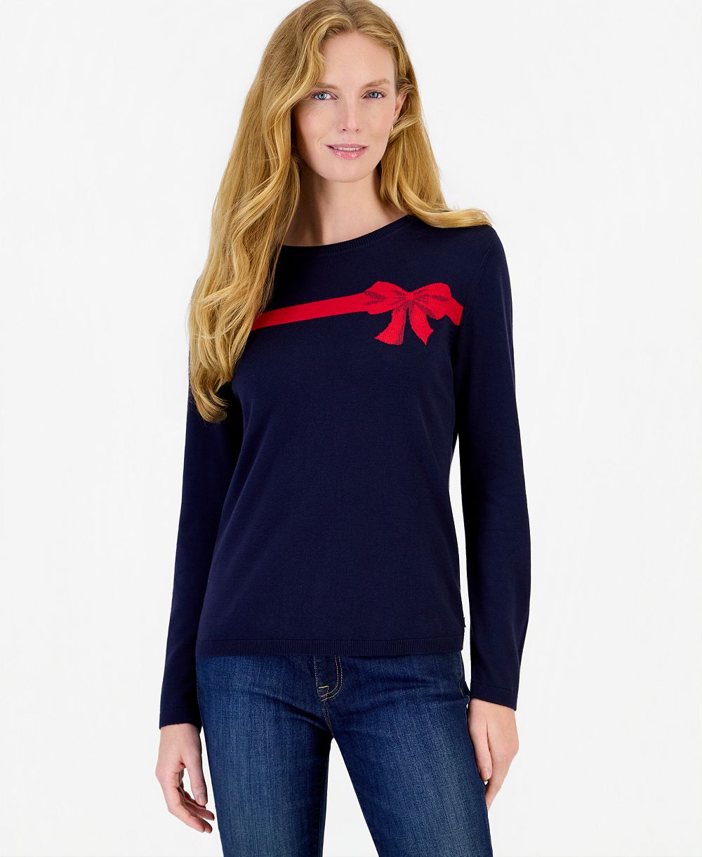 Nautica Women's Bow Jacquard Crewneck Holiday Sweater