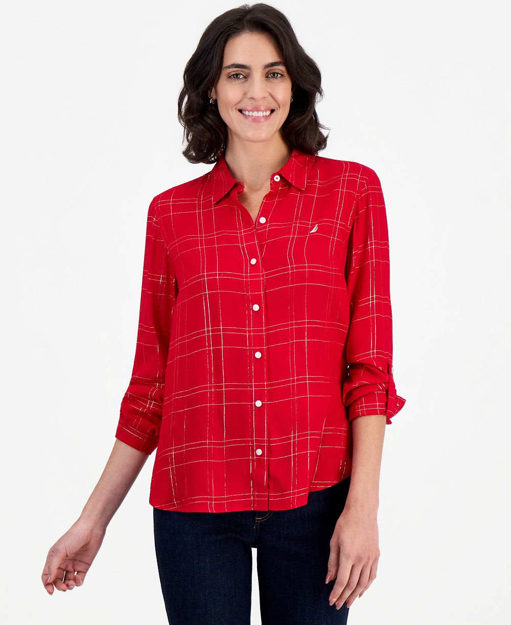 Nautica Women's Dunbar Plaid Roll-Tab Blouse