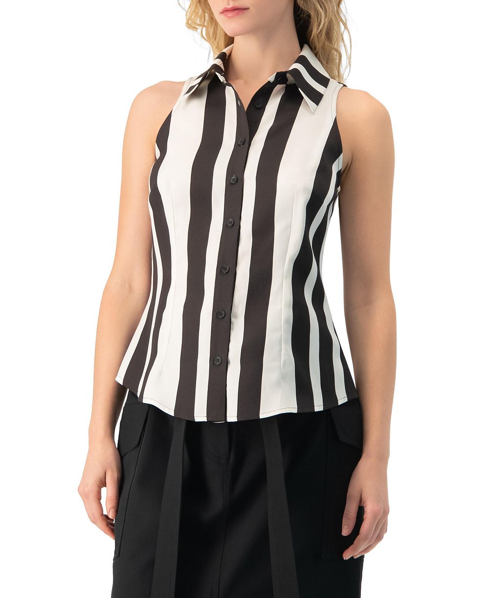 Ivonne Women's Bold Vertical Stripe Sleeveless Fitted Button-Front Shirt