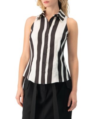 Ivonne Women's Bold Vertical Stripe Sleeveless Fitted Button-Front Shirt