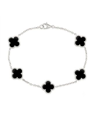 Simona Sterling Silver, Onyx Clover, Beaded Outline Bracelet