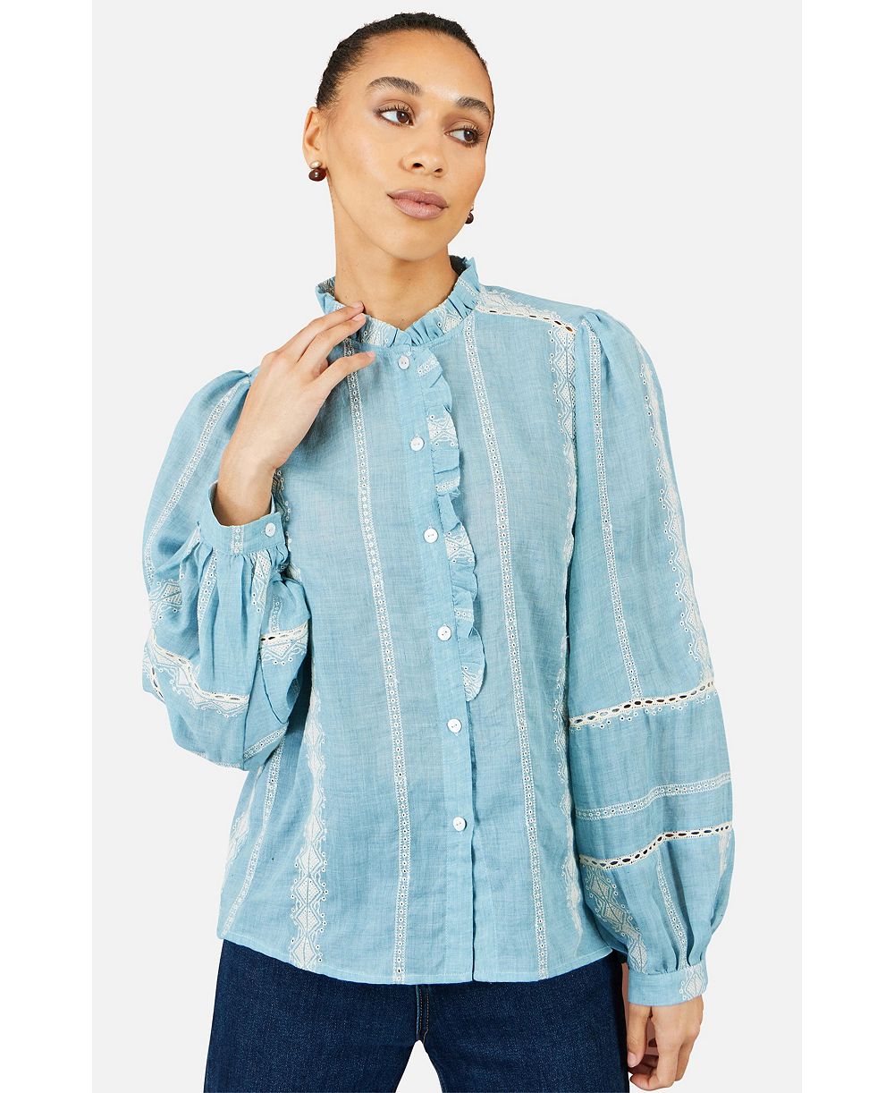 Yumi Women's Long-Sleeve Button-Up Mandarin Collar Blouse