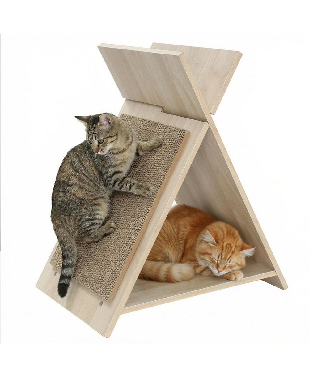 HONGGE Corrugated Cardboard Cat Scratcher Lounge with Wooden Frame