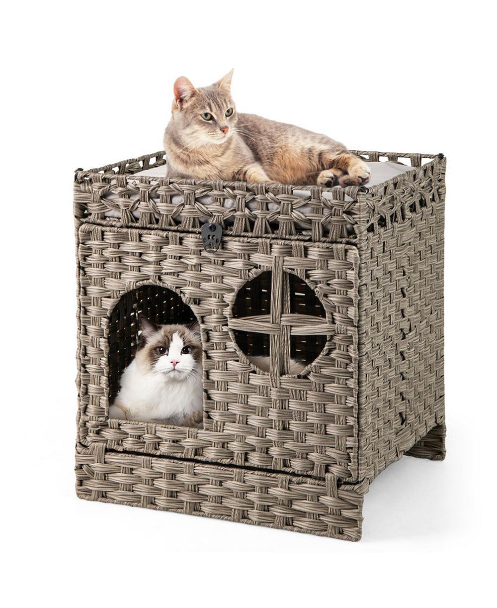 HONGGE Foldable 2-Tier Rattan Cat Litter Box Enclosure with Litter Mat and Cushioned Top
