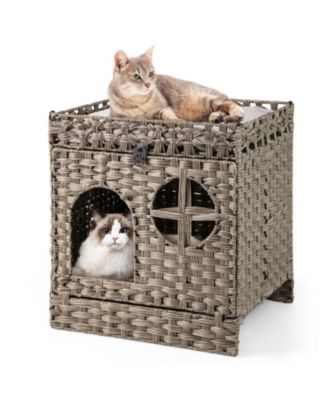 HONGGE Foldable 2-Tier Rattan Cat Litter Box Enclosure with Litter Mat and Cushioned Top