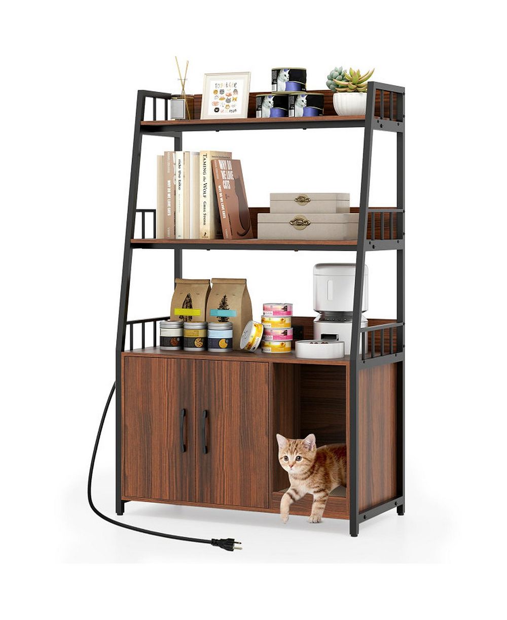 HONGGE Cat Litter Box Enclosure with Storage Shelves Power Station and Scratching Pad
