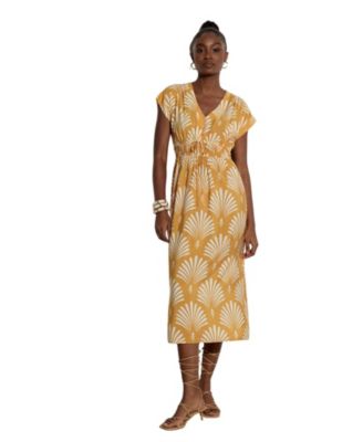 Apricot Women's Smocked V-Neck Midi Dress with Pockets