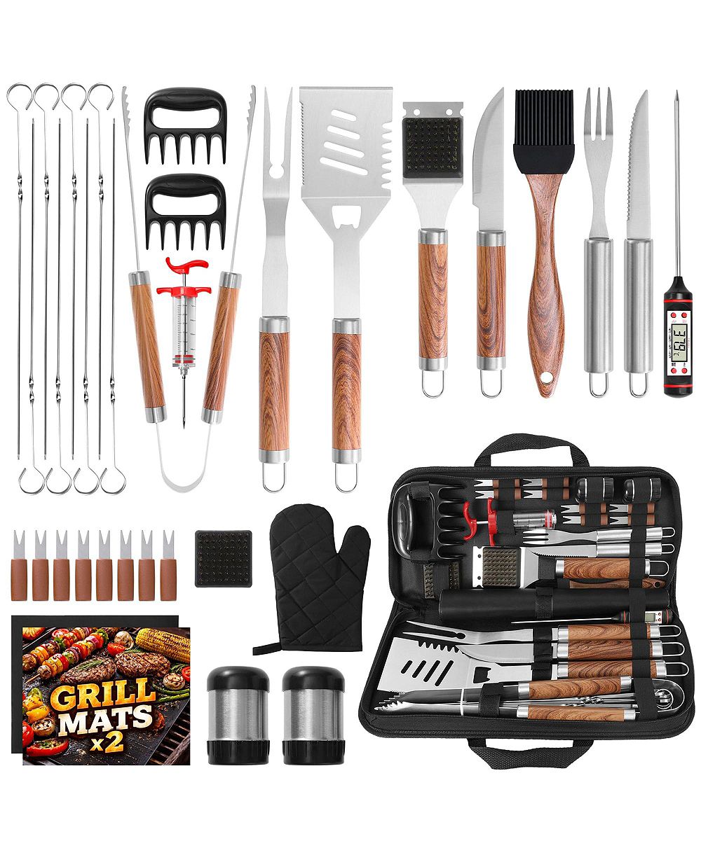 XDOVET BBQ Grill Tools Set Stainless Steel Accessories Kit Case Injector Claws Mats