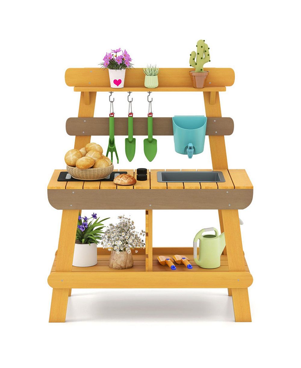 Детская деревянная игровая кухня HONGGE Outdoor с решеткой для гриля и садовым инвентарем