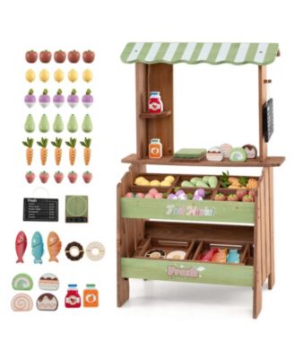HONGGE Wooden Kids Grocery Store Playset with Chalkboard and 43 Pieces