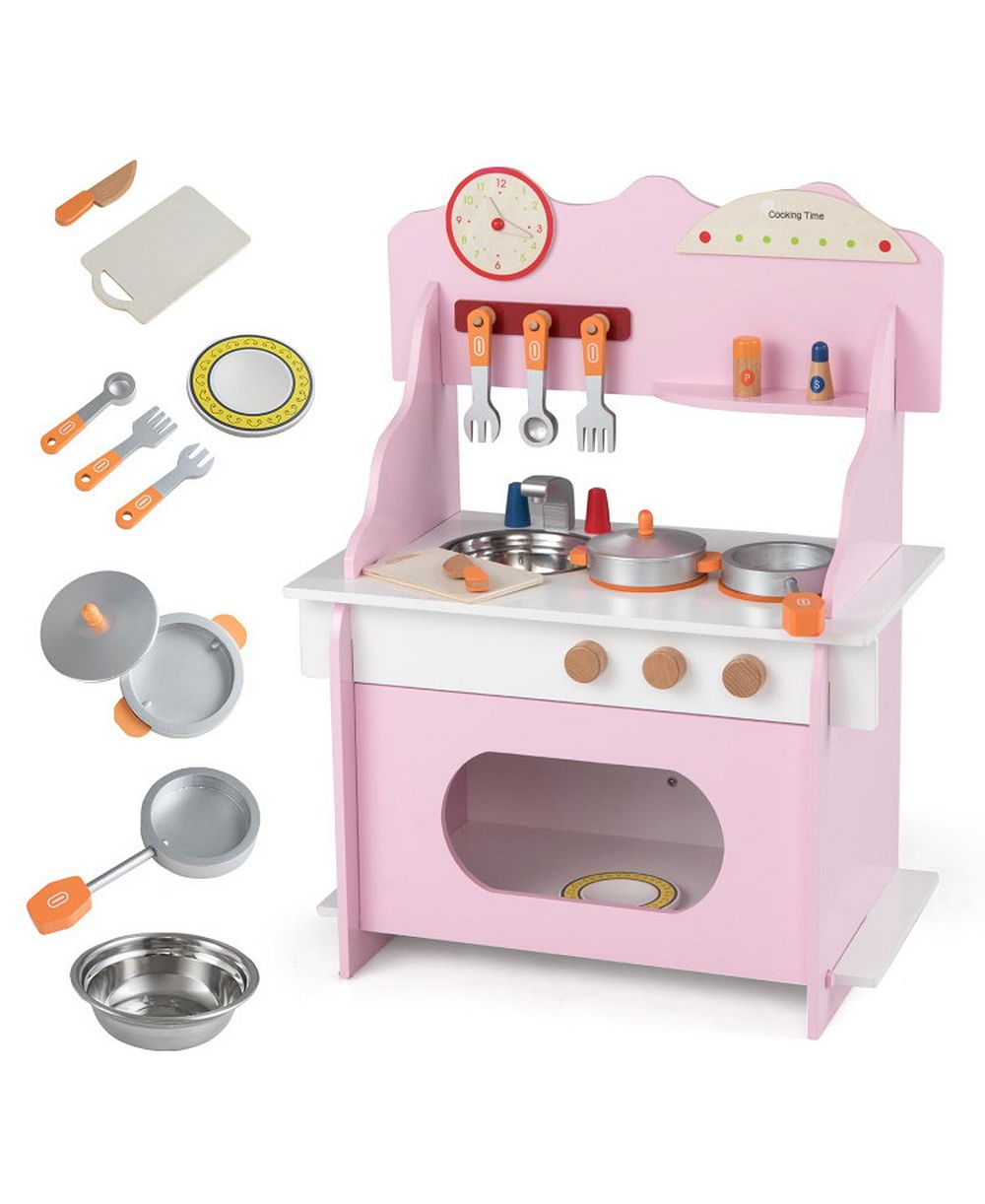HONGGE Wooden Double-Burner Play Kitchen with Learning Clock, 12-Piece Set, Ages 3+