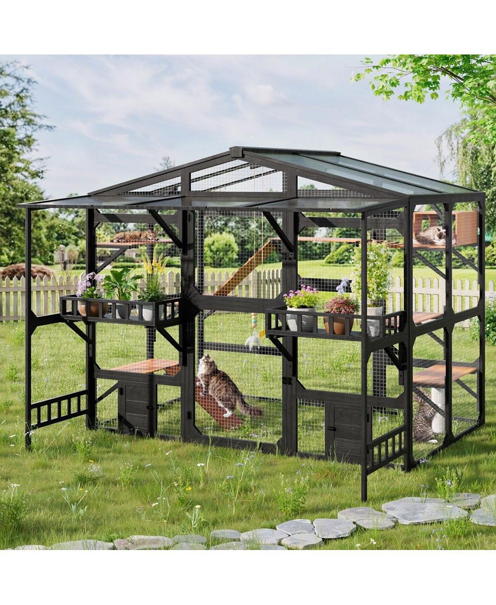 6thdruple Large Wooden Outdoor Catio for Multiple Cats, Weatherproof Pine Cat House