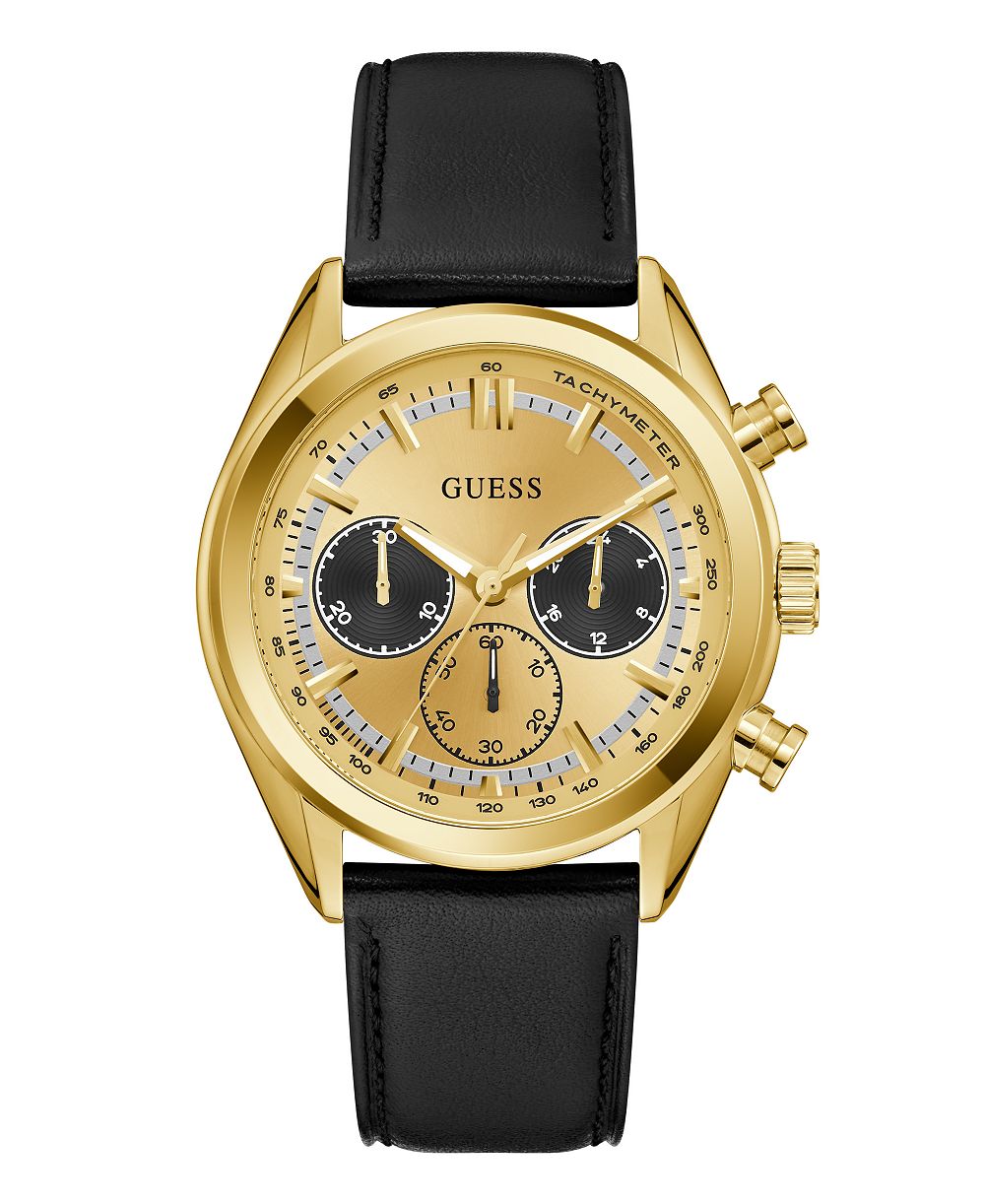 GUESS Men's Quartz Black Genuine Leather Watch 44mm