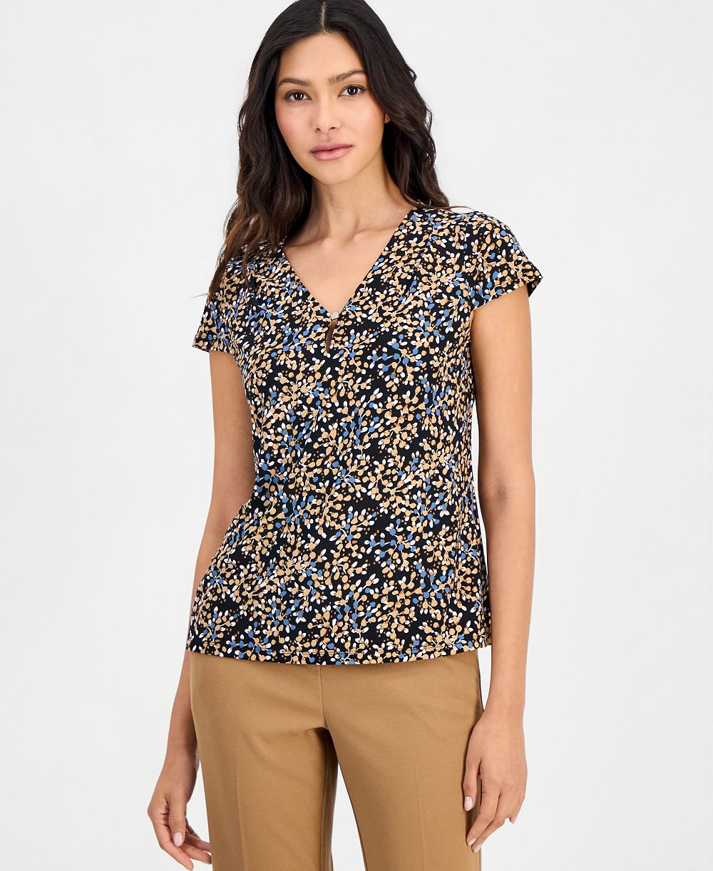 Anne Klein Essentials Petite Printed Pleated-Neck Cap-Sleeve Top