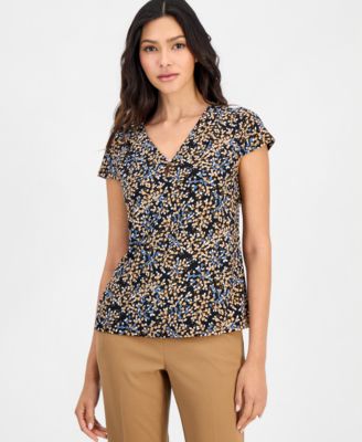 Anne Klein Essentials Petite Printed Pleated-Neck Cap-Sleeve Top