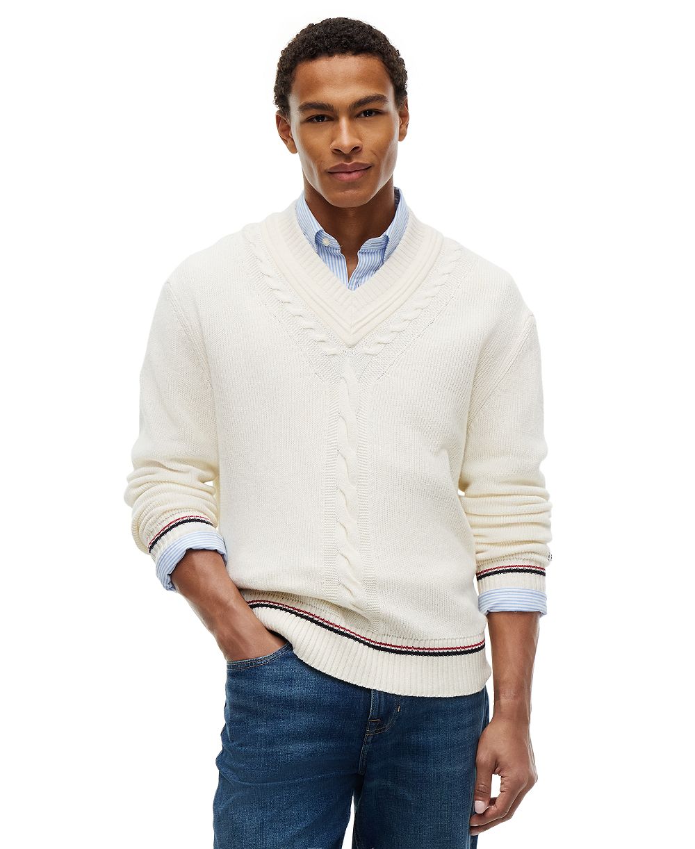 Tommy Hilfiger Men's NY Expressive Cricket Cable Knit V-Neck Sweater