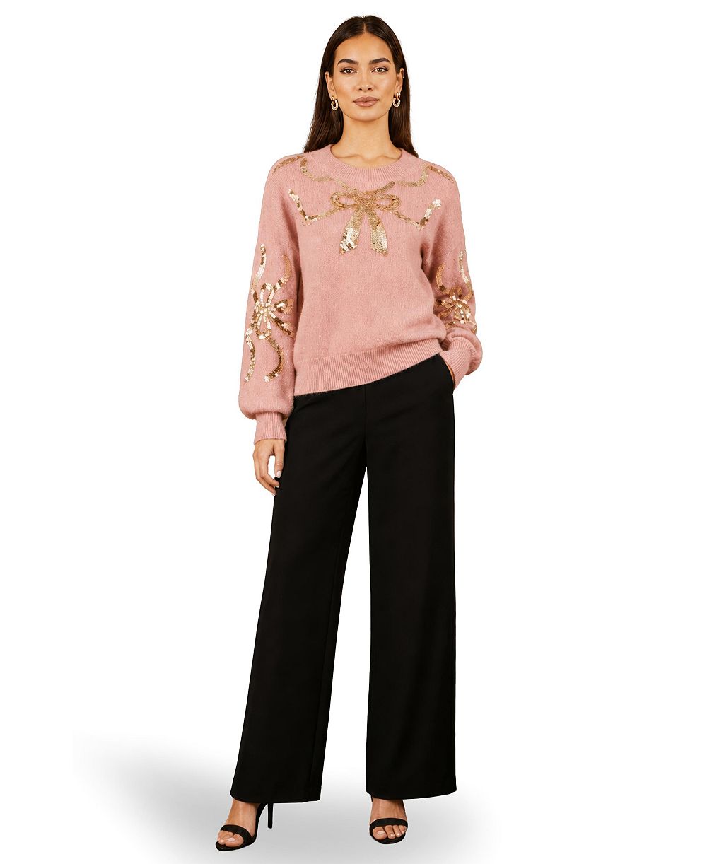 Yumi Women's Sequinned Bow Neckline Sweater