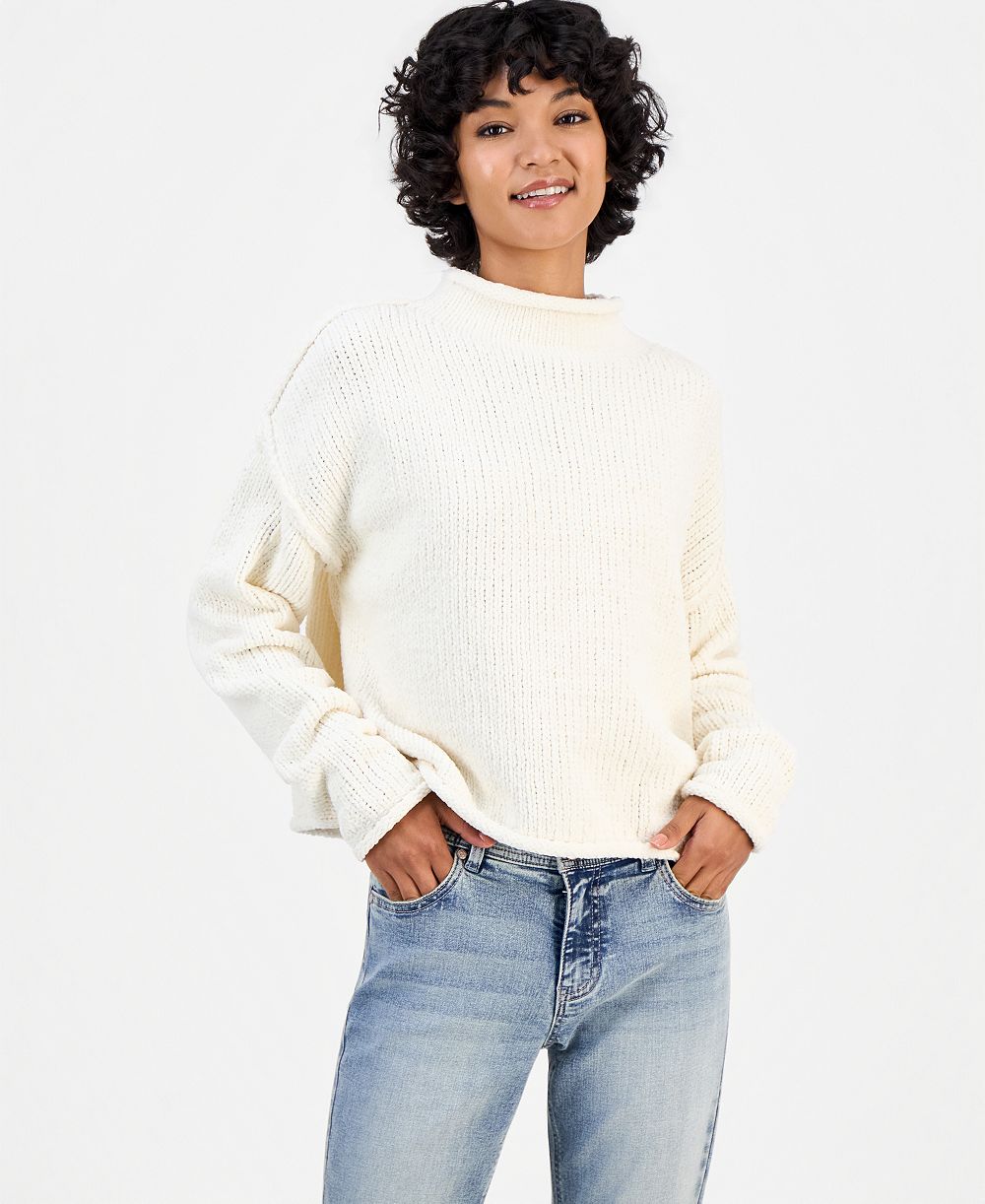 Pink Rose Juniors' Roll Mock Neck Chenille Long-Sleeve Sweater