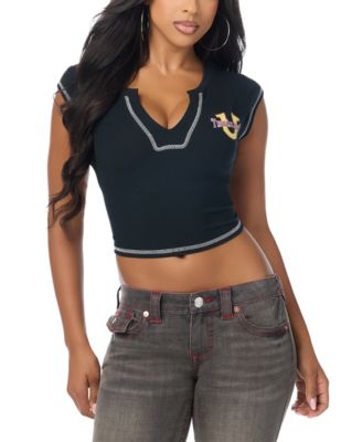 True Religion Women's Crystal Cheetah Crop Graphic Cap-Sleeve T-Shirt