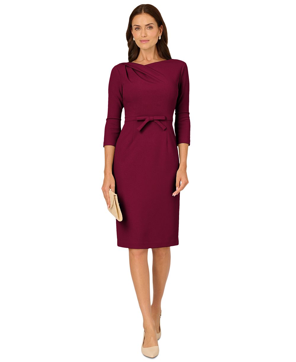 Adrianna Papell Petite Asymmetrical-Neck Bow 3/4-Sleeve Dress