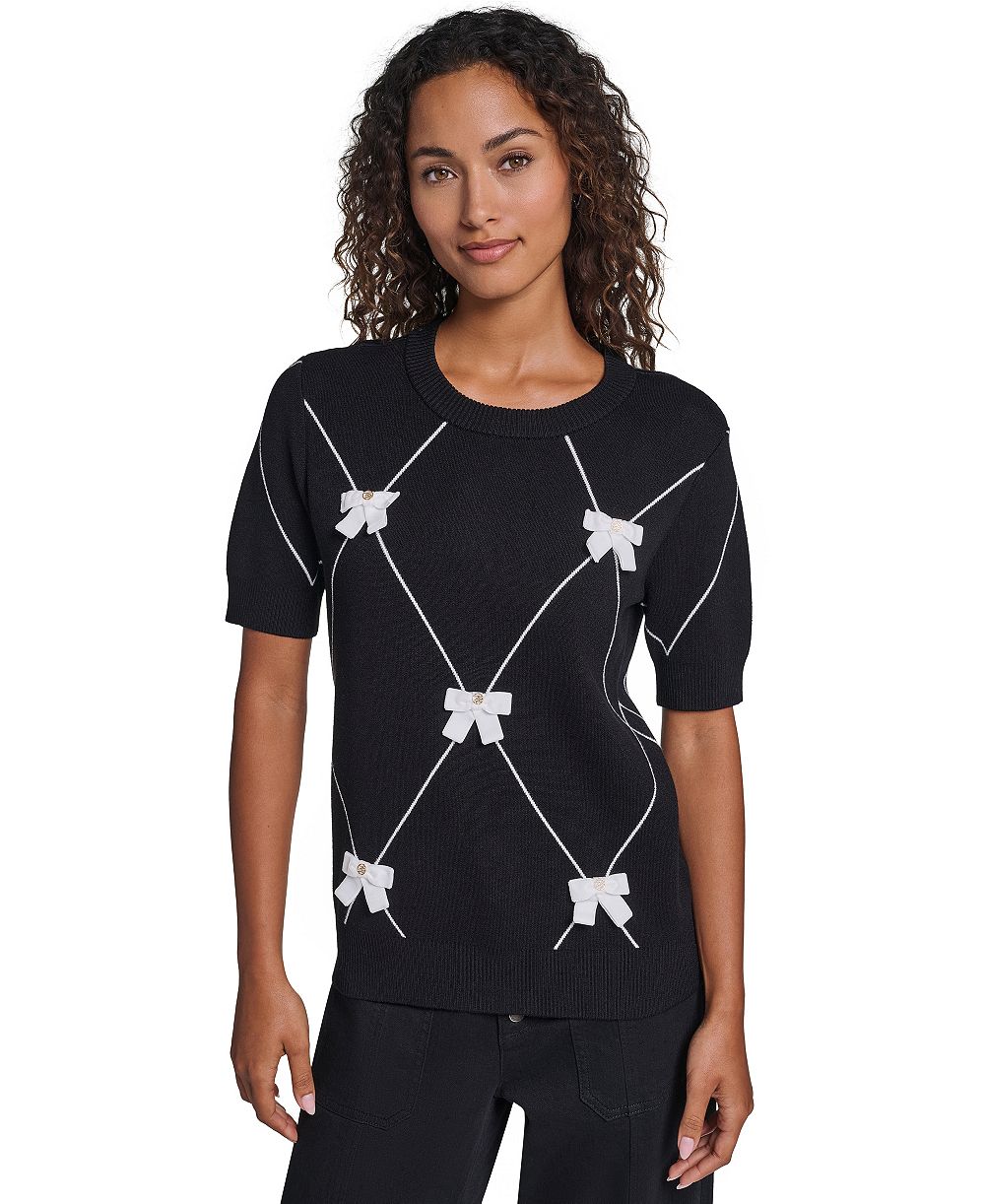 KARL LAGERFELD PARIS Women's Argyle 3D Bow Short-Sleeve Crewneck Sweater