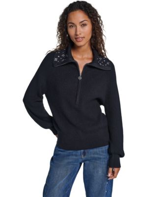 KARL LAGERFELD PARIS Women's Crystal Full-Zip Long-Sleeve Gem-Embellished Sweater