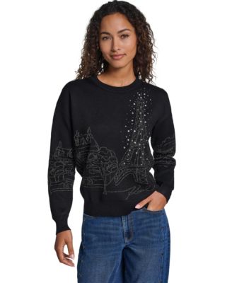 KARL LAGERFELD PARIS Women's Paris Scene Embellished Fitted Crewneck Sweater