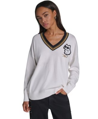 KARL LAGERFELD PARIS Women's Karl Patches Long-Sleeve Graphic-Patch V-Neck Sweater