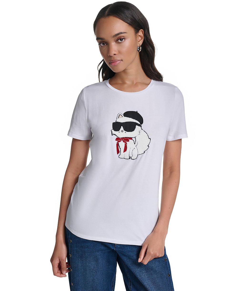 Женская футболка KARL LAGERFELD PARIS с круглым вырезом и принтом Choupette в берете