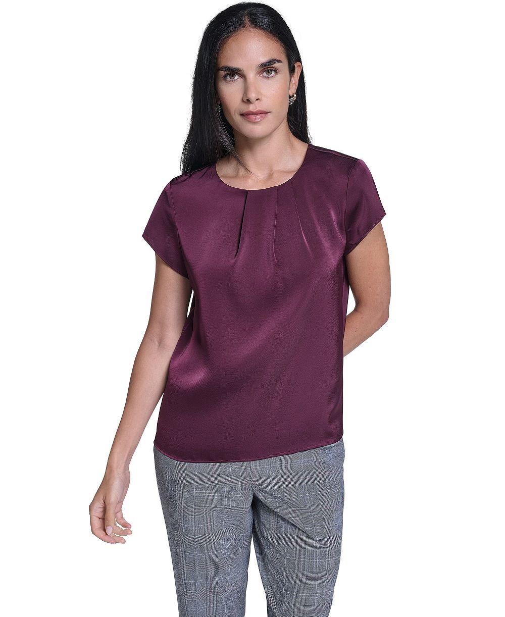 Calvin Klein Women's Cap-Sleeve Crewneck Satin Blouse