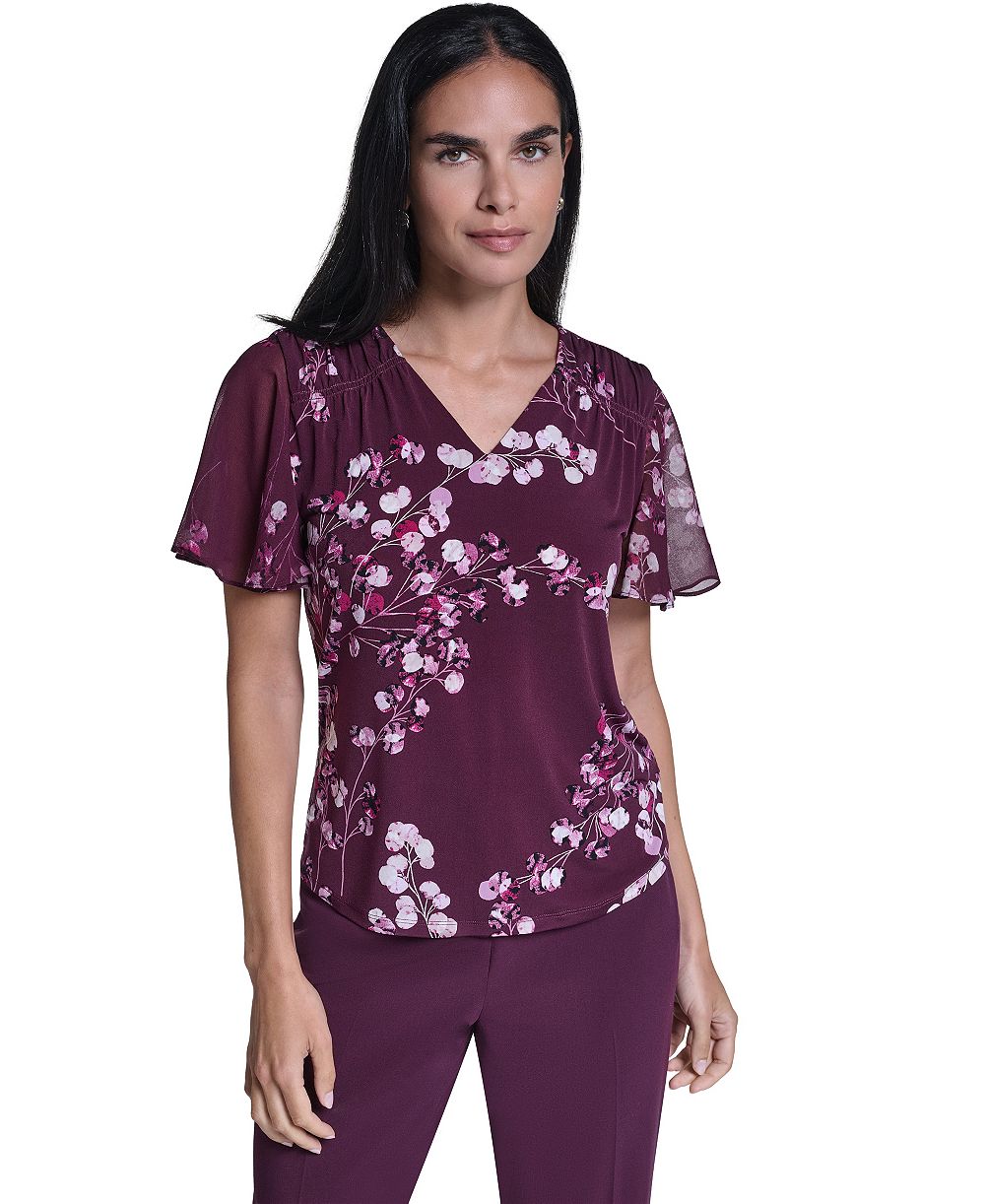 Calvin Klein Women's V-Neck Floral Chiffon Blouse