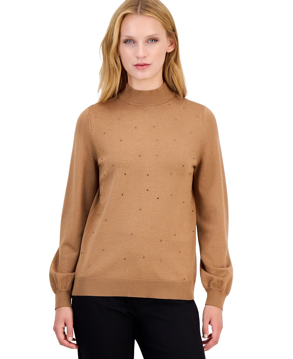 Anne Klein Petite Mock Neck Puff Sleeve Embellished Sweater
