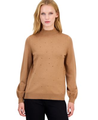 Anne Klein Petite Mock Neck Puff Sleeve Embellished Sweater