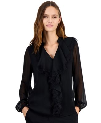 Anne Klein Petite Long-Sleeve Chiffon Ruffle Neck Blouse