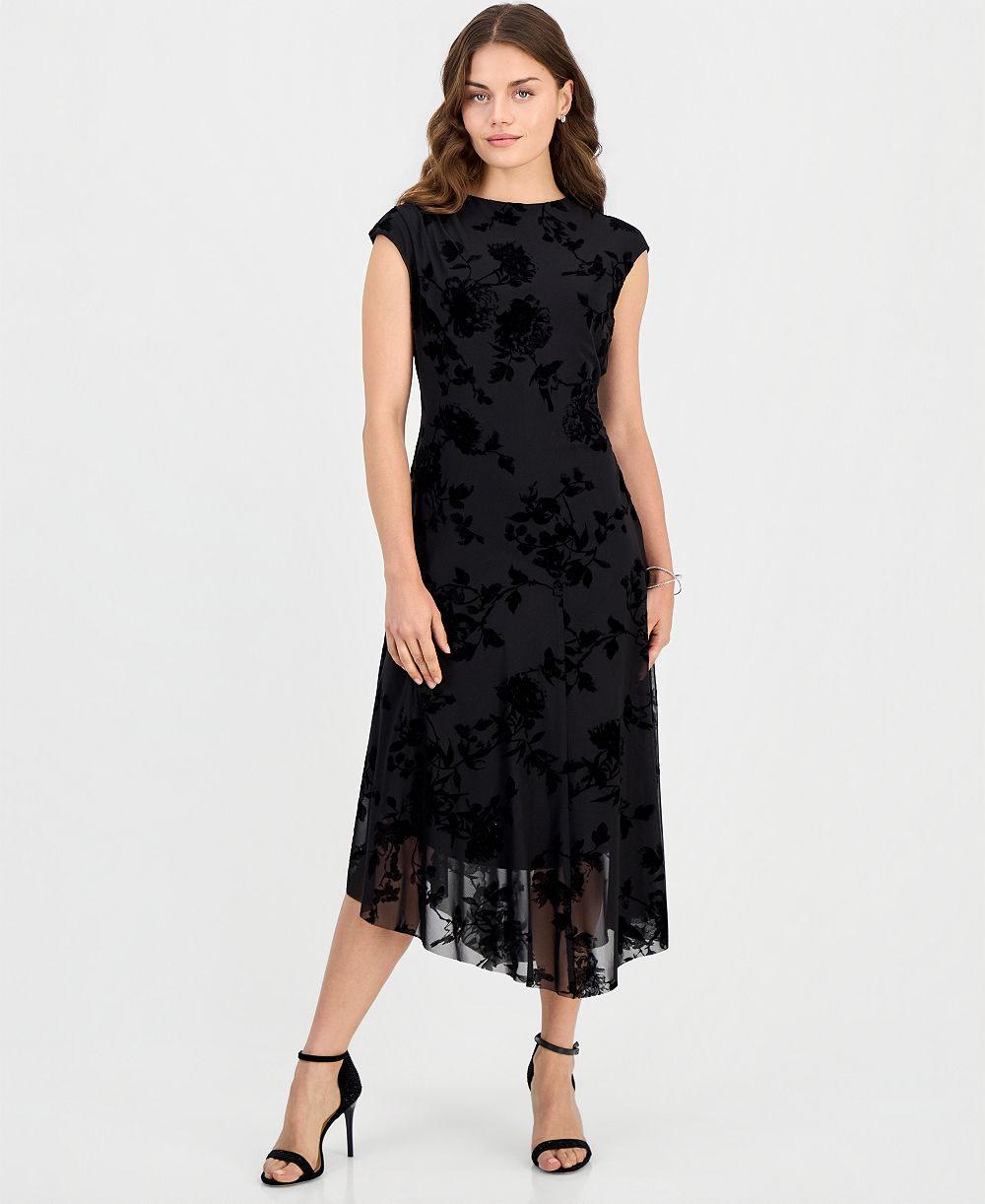 Connected Petite Flocked Velvet Hankie Midi Dress