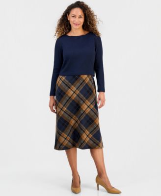 Connected Petite Plaid Skirt Twofer Long-Sleeve Midi Dress